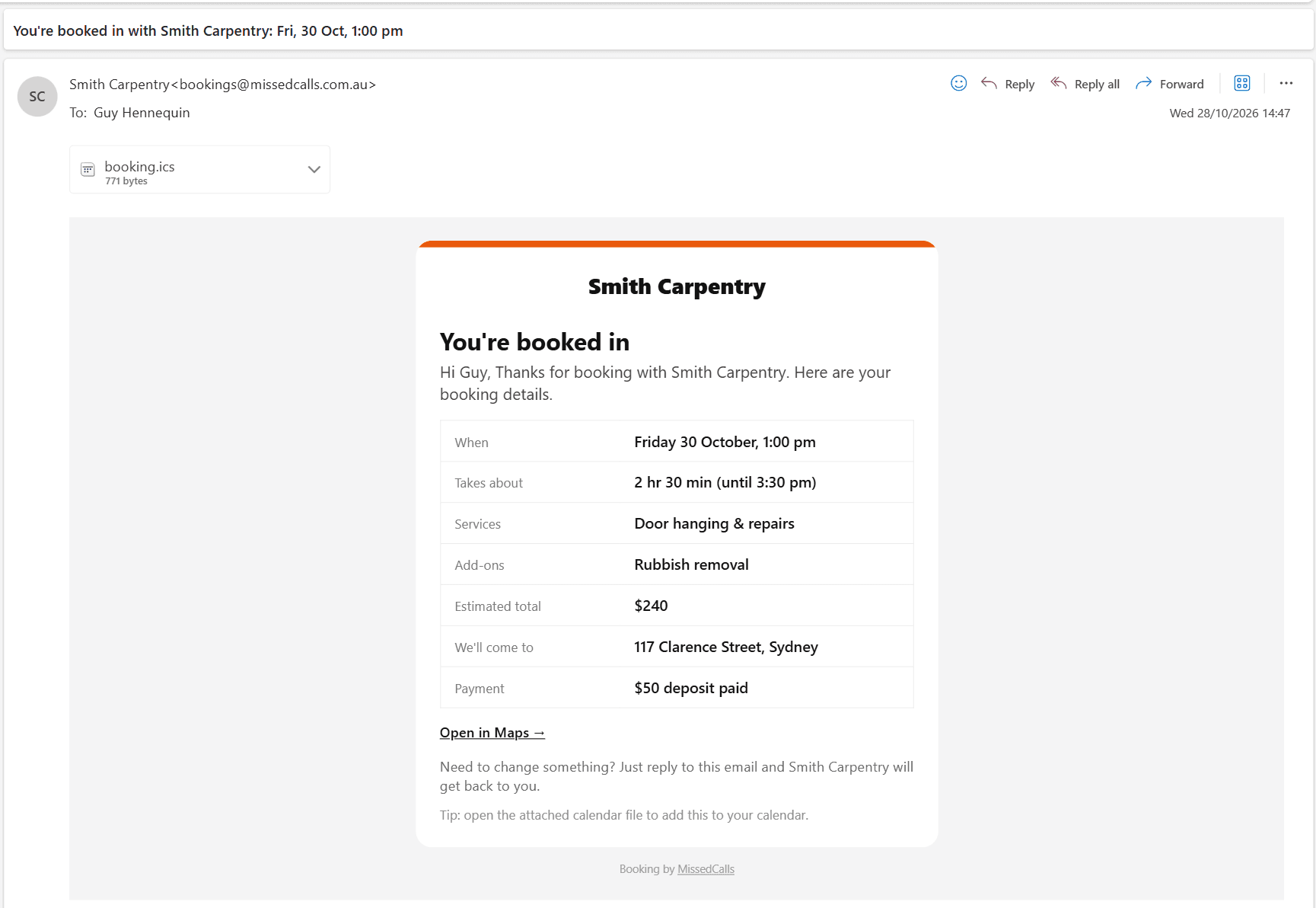 Booking confirmation email