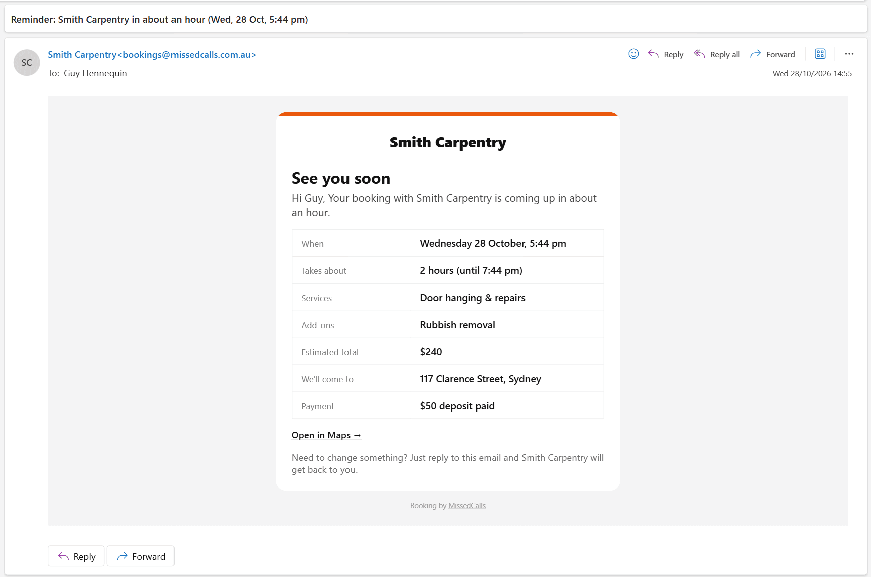 Booking reminder email
