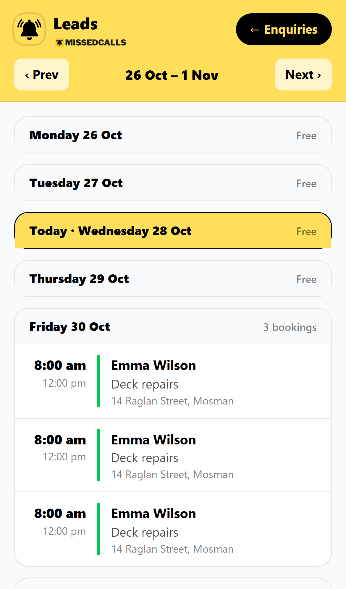 The week calendar in the Lead Inbox