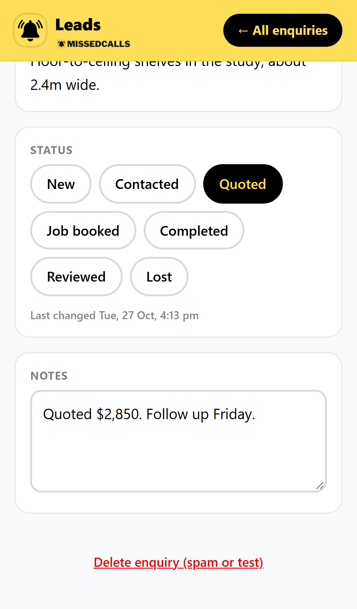 A job in the Lead Inbox with its stage and notes
