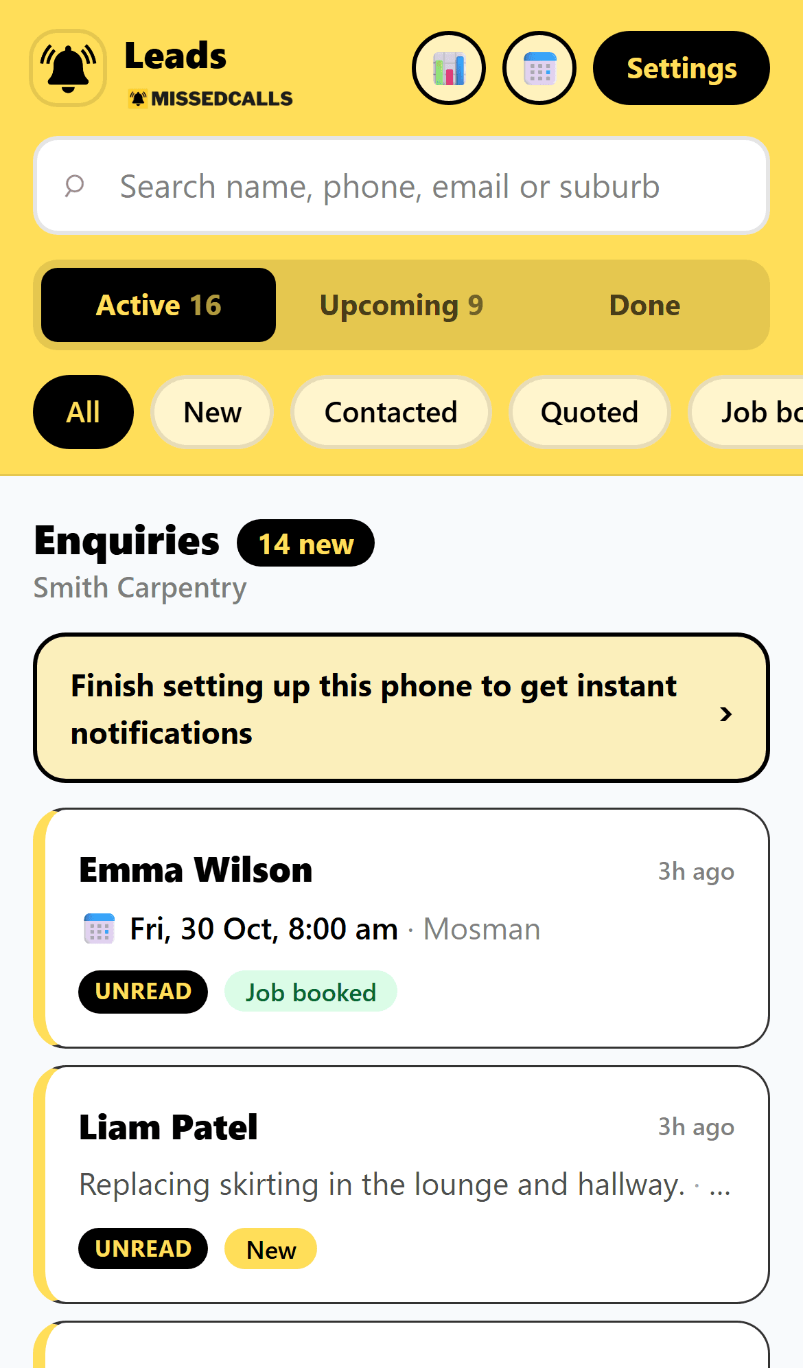 The Lead Inbox enquiry list